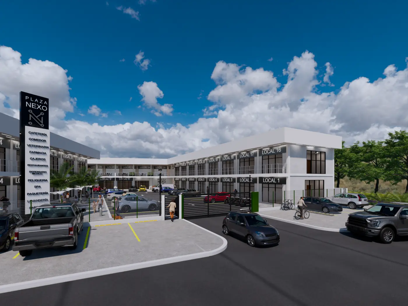 Vista amplia del frente comercial y acceso